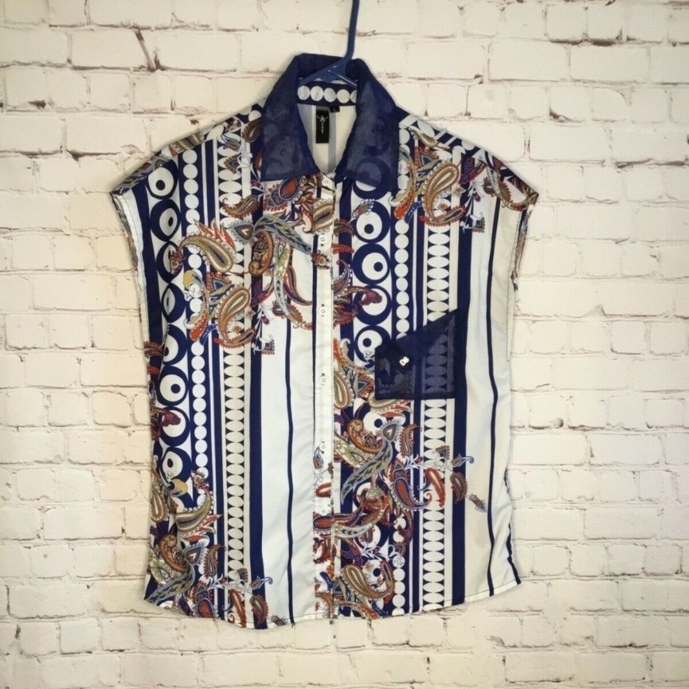 NWOT Secret Blue/White Paisley Collared Sleeveless Blouse  Women L Hand Wash‎